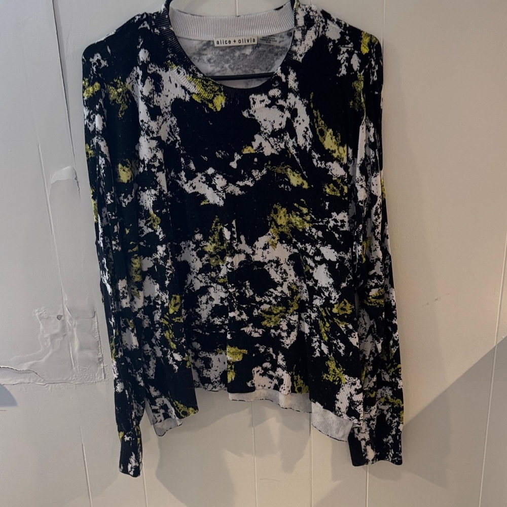 Alice + Olivia Black and White Splatter Long Sleeve Top with Olive Highlights